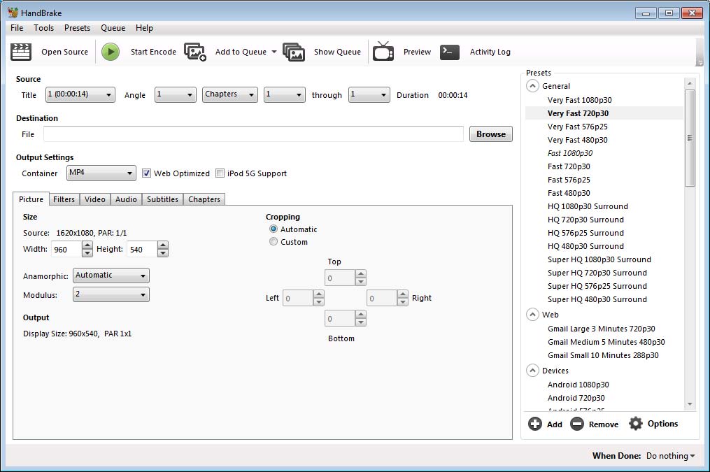 Handbrake settings for default video (max 2mb)